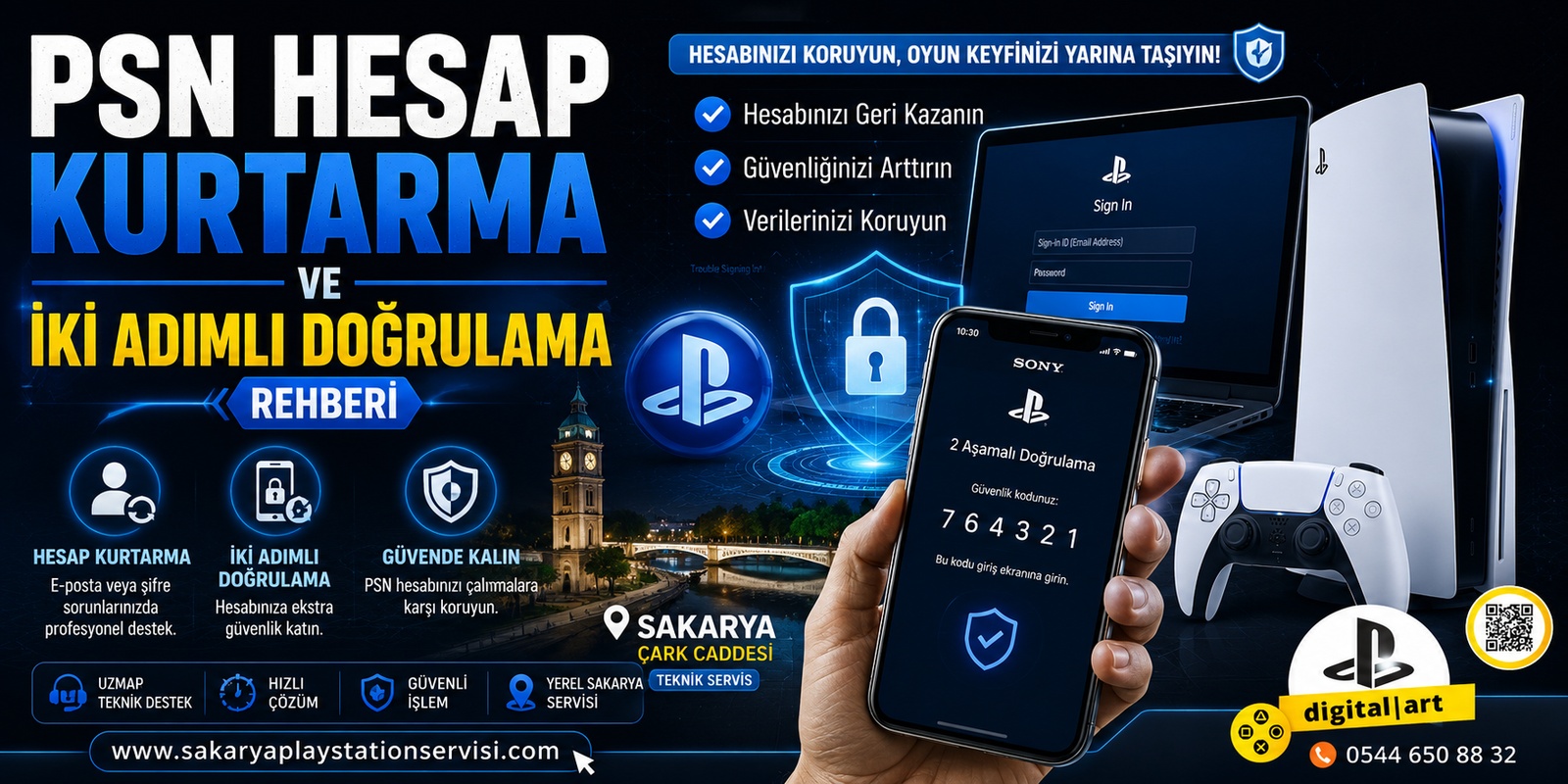 PlayStation Network (PSN) Hesap Kurtarma ve İki Adımlı Doğrulama (2FA) Ayarları PlayStation Network giriş ekranı ve 2FA kod giriş alanı. | Sakarya PlayStation tamiri, Adapazarı, Serdivan, Yazlık, Erenler, Hendek, Akyazı, Geyve konsol servisi