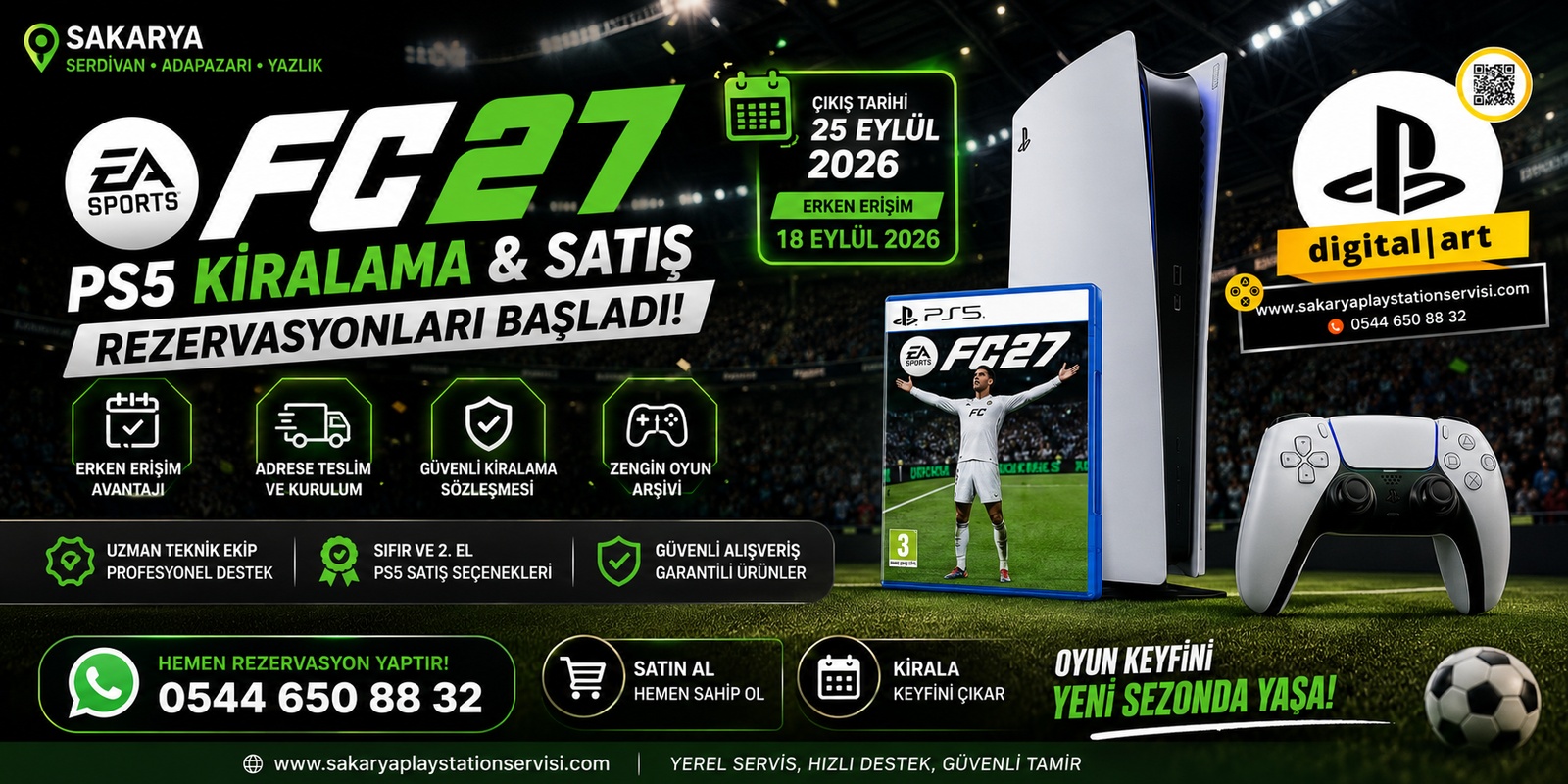 Sakarya'da EA Sports FC 27 Rüzgarı: PlayStation 5 Kiralama & Satış Rezervasyonları Başladı EA Sports FC 27 logolu PlayStation 5 kiralama ve satış rezervasyonu görseli. | Sakarya PlayStation tamiri, Adapazarı, Serdivan, Yazlık, Erenler, Hendek, Akyazı, Geyve konsol servisi