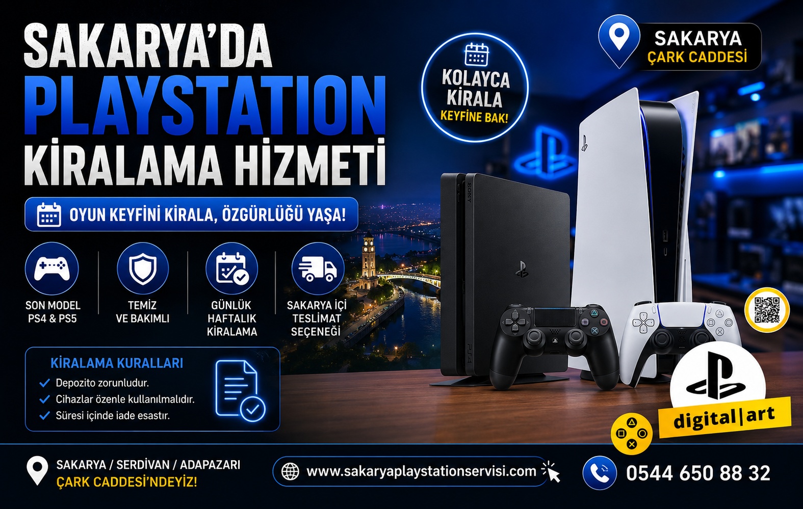 Sakarya'da PlayStation Kiralama: Yaz Kampanyaları ve Güvenli Kiralama Şartları Kiralık PlayStation 5 konsolu ve yanındaki kollar. | Sakarya PlayStation tamiri, Adapazarı, Serdivan, Yazlık, Erenler, Hendek, Akyazı, Geyve konsol servisi